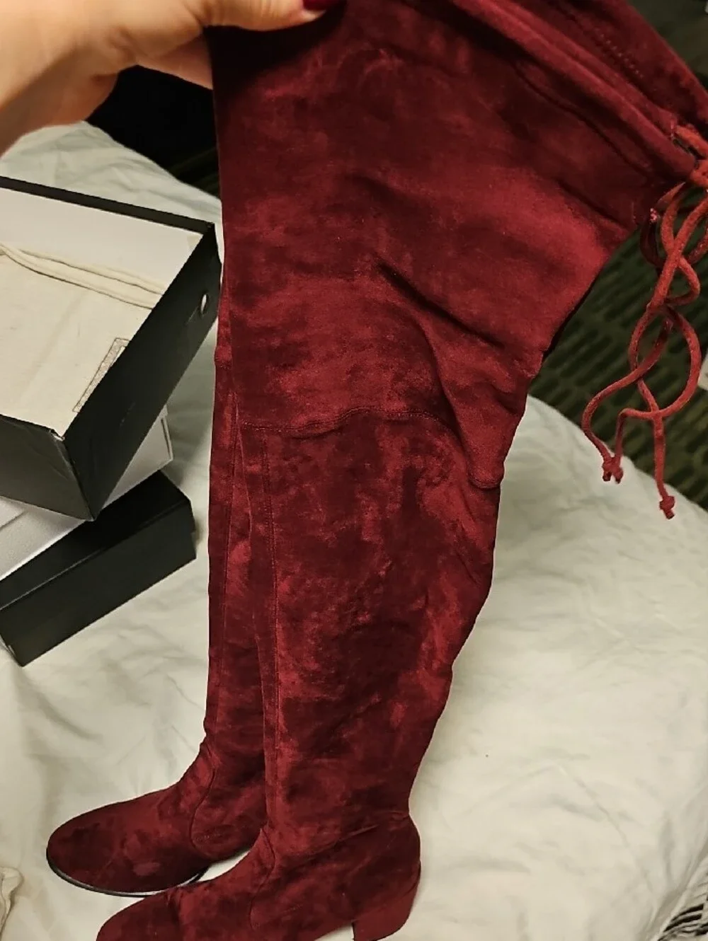 Over-the-Knee Block Heel Boots in Burgundy Suede